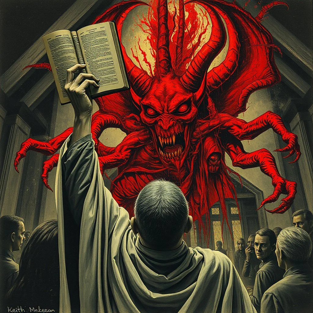 horror scene, priest shaking a bible above his head at a red multi eyed lovecraftian demonic corruption that has taken root in a 1890's frontier church, sinister, fragmented collage, illustration, by Keith Thompson and Dave McKean, dramatic, scary, visceral