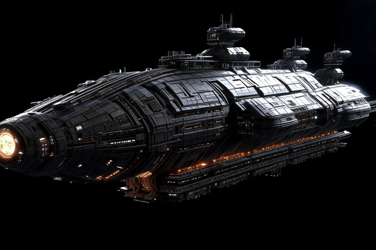 Large military space warship, futuristic, long, in orbit, hyper realistic, detailed, tough, menacing, cinematic lighting