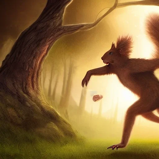 Fantasy image,d&d, person running from a Giant squirrel