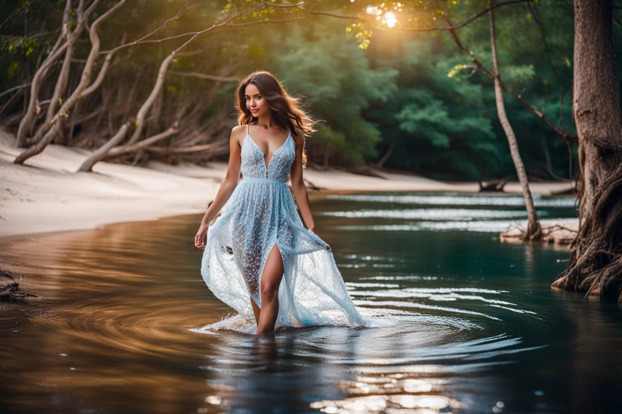 beautiful girl in pretty dress walking in water toward camera in trees next to wavy river with clear water and nice sands in floor.camera capture from her full body front