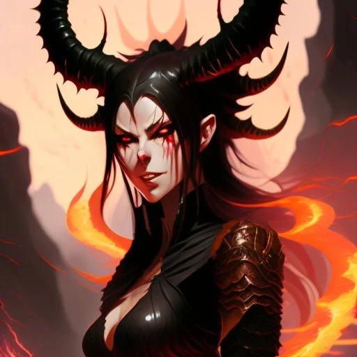 A female eldritch horror being, skin like obsidian with streaks of magma shining through, rows of sharp teeth, long flaming horns, greg rutkowski, anime, intricate details, cave setting