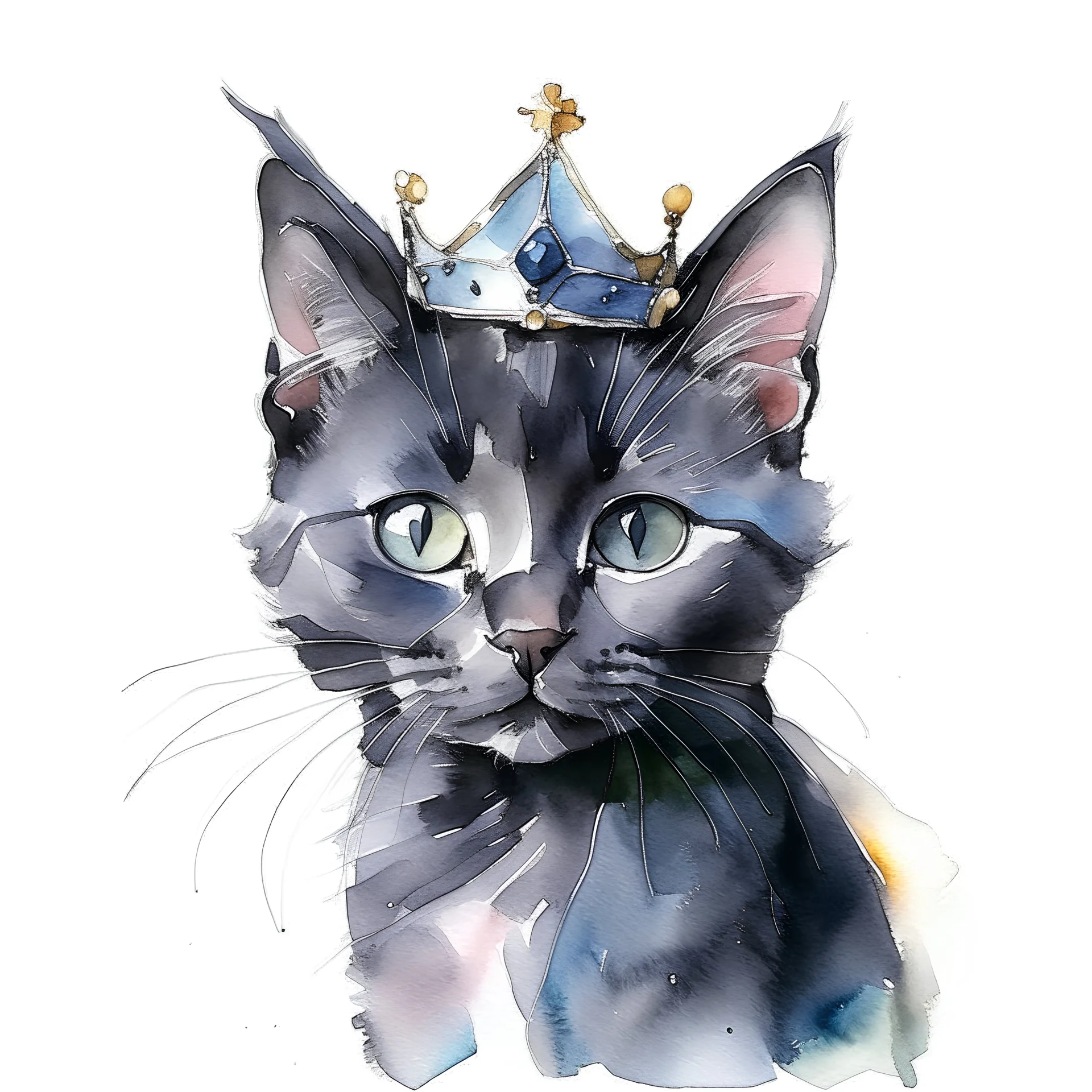 Watercolor, black kitten, cute, a tiara on the head