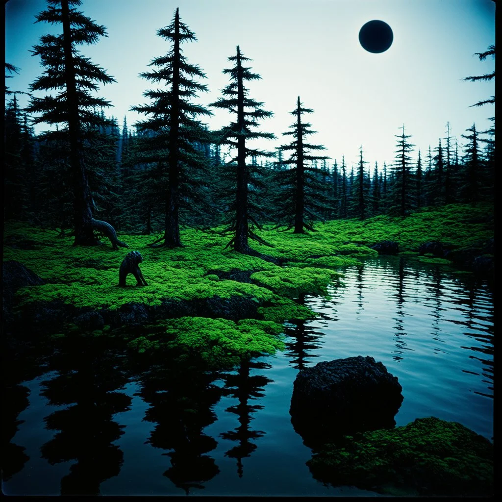 Sublime foto close-up polaroid ad alta definizione di una foresta di conifere falsa, strani mostri, un lago falso, surreale, collage art, dadaism, sublime, splimapys nero, cielo nero, acqua nera riflette un sole nero, macabre piante circondano il lago, alghe, hypermaximalist, Max Ernst style, strangeness, intricate, hypnotic, obsessive, 8k, deep 3d field, very accentuated details of the rocks, eerie, artistic photo, large format film, medium format film