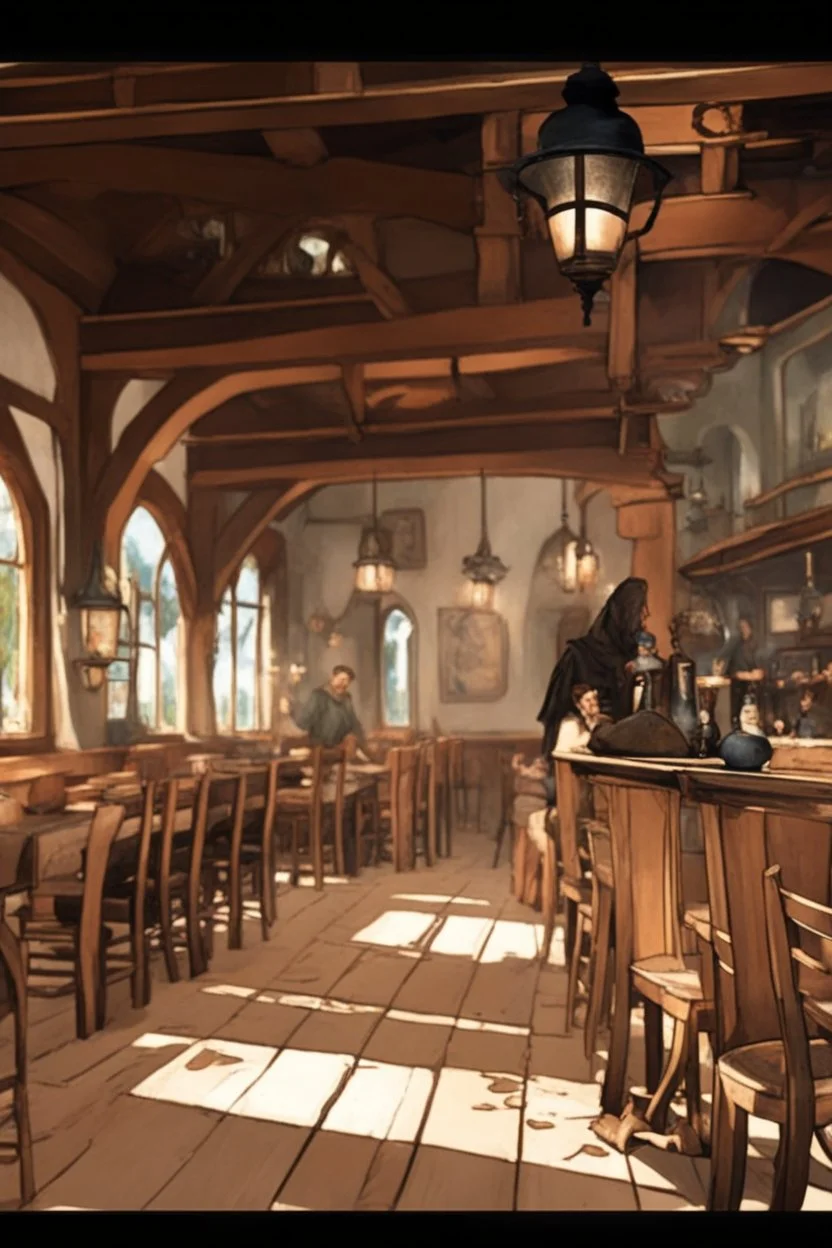 People sitting around tables in a medieval tavern