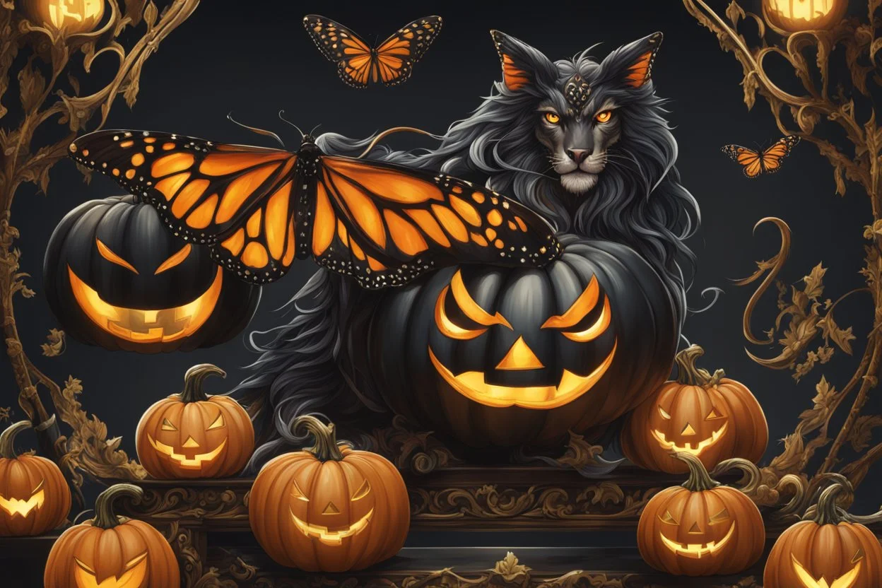 Monarch venom in anime artstyle, pumpkin, halloween them, close picture, fantasy world, intricate details, highly detailed, high details, detailed portrait, masterpiece,ultra detailed, ultra quality