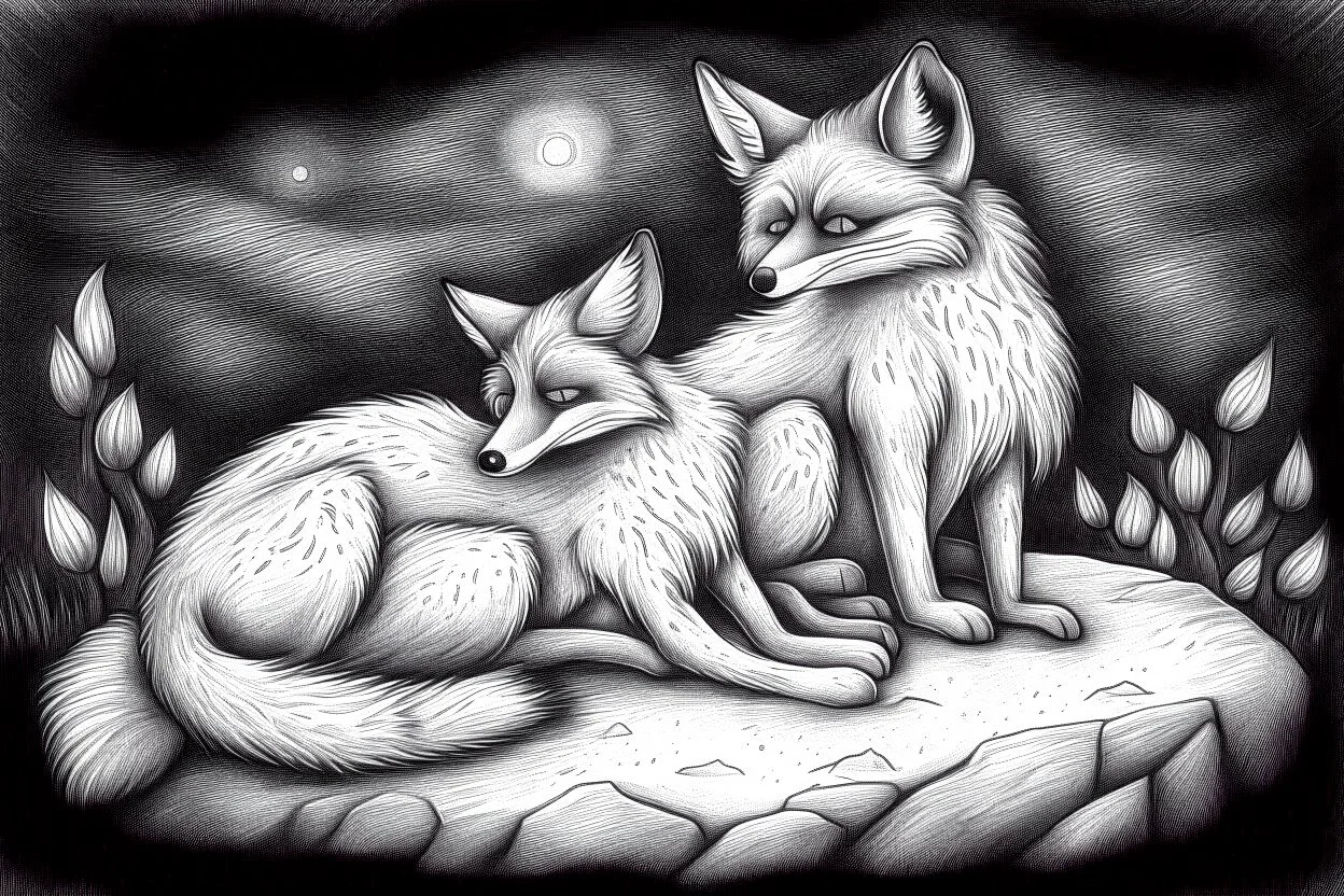 twilight descends, sly and clever foxes and their nocturnal adventures - Pencil drawing.