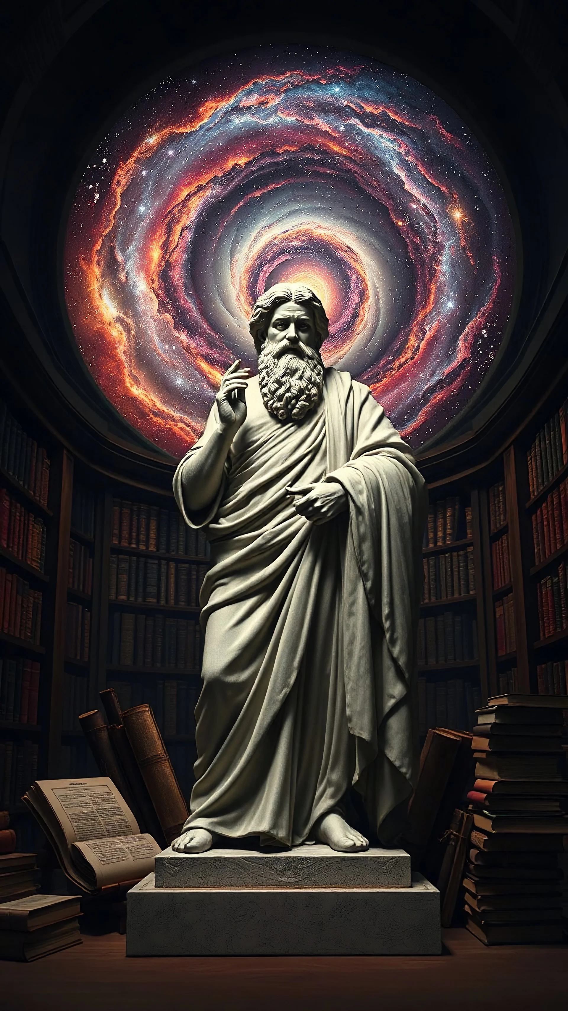 Prompt: "A statue of Epictetus, the stoic philosopher, surrounded by books and scrolls in a dimly lit library. The background shows a cosmic galaxy spiraling, symbolizing the vastness of human thoughts and the mind's ability to control suffering."