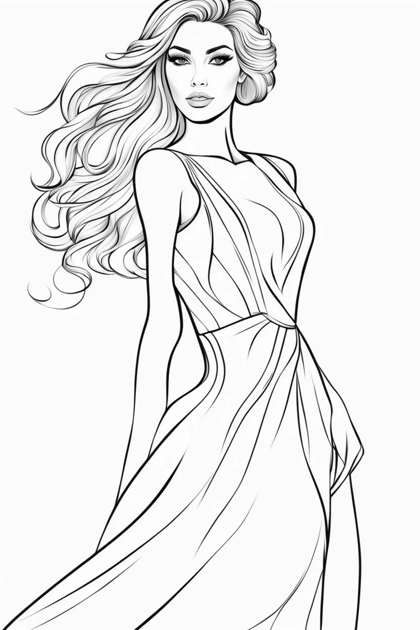 Coloring page for adults of a elegant fashion model woman wearing dress, dynamic poses, full body portrait, thick and clean lines, clean details, no-color, no-turban, no-background, non color, non shading, no-grayscale, dynamic poses, full body portrait, thick and clean lines, clean details, no-color, no-turban, , non background, non color, non shading, no-grayscale, no color hair