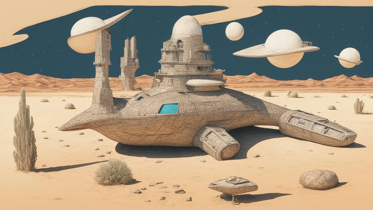 duck shaped space ship in the desert surrounded by lost things