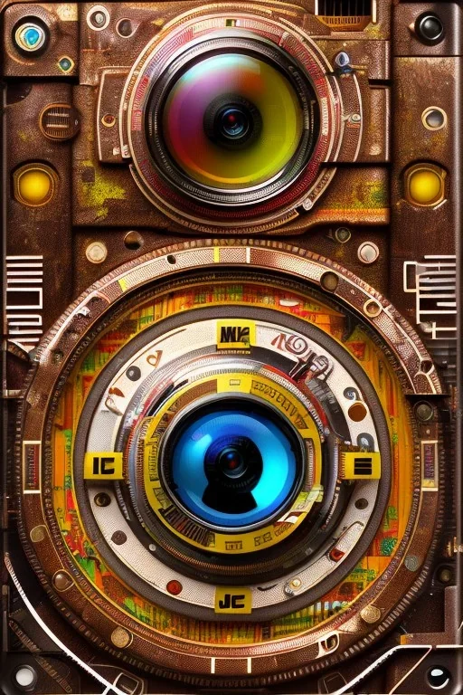 futuristic pinhole camera in Kente, rusted clocks lens, cinematic, scaffolding, cyberpunk, 8k quality