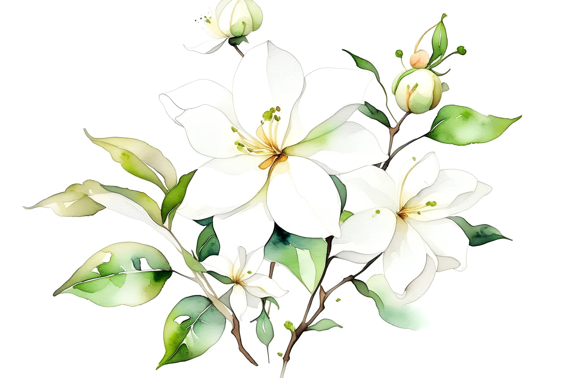 Jasmine flower collage in faux watercolor style, white background - 09:16