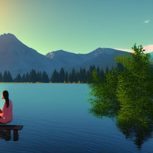 Lofi girl sitting in front of a lake, one big mountain in the background, Cherry trees on the right and left side of the image, sun set, mountain reflects in the lake, realistic setting, 8k unreal engine 5