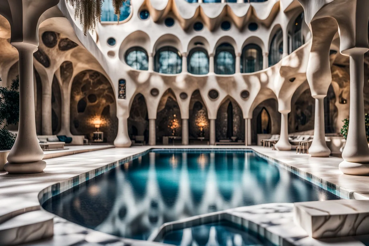 mixed styles, Gaudi, pool, marble, Shot with Canon EOS R5, 50mm lens, depth of field, shutter speed 1/1000, f/2.8, white balance, 6000k. High resolution, realistic detail, HDR effect, film grain, 4K –ar 16:10 –s 700 –q