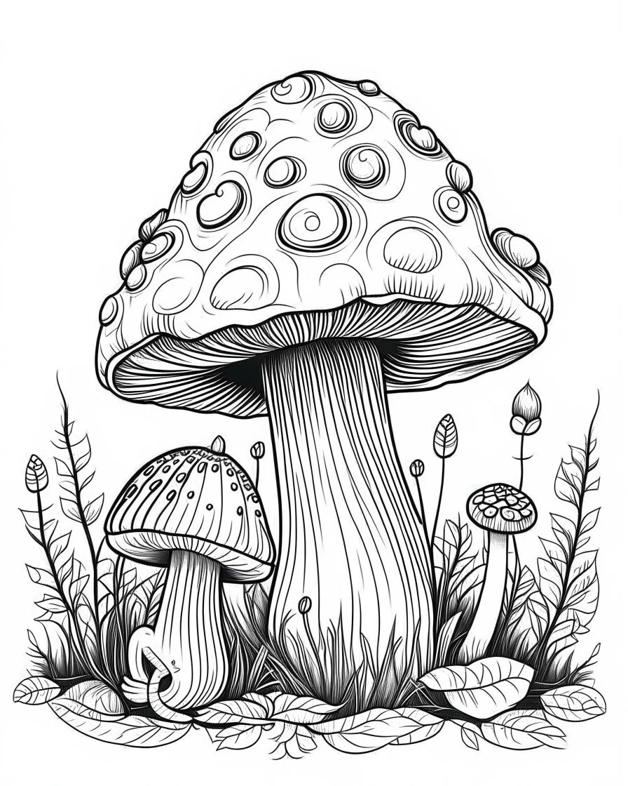 mushroom world with snail on 1 mushroom minimalistic landscape. line art, background, vector, svg, coloring book page style, black outline on white background