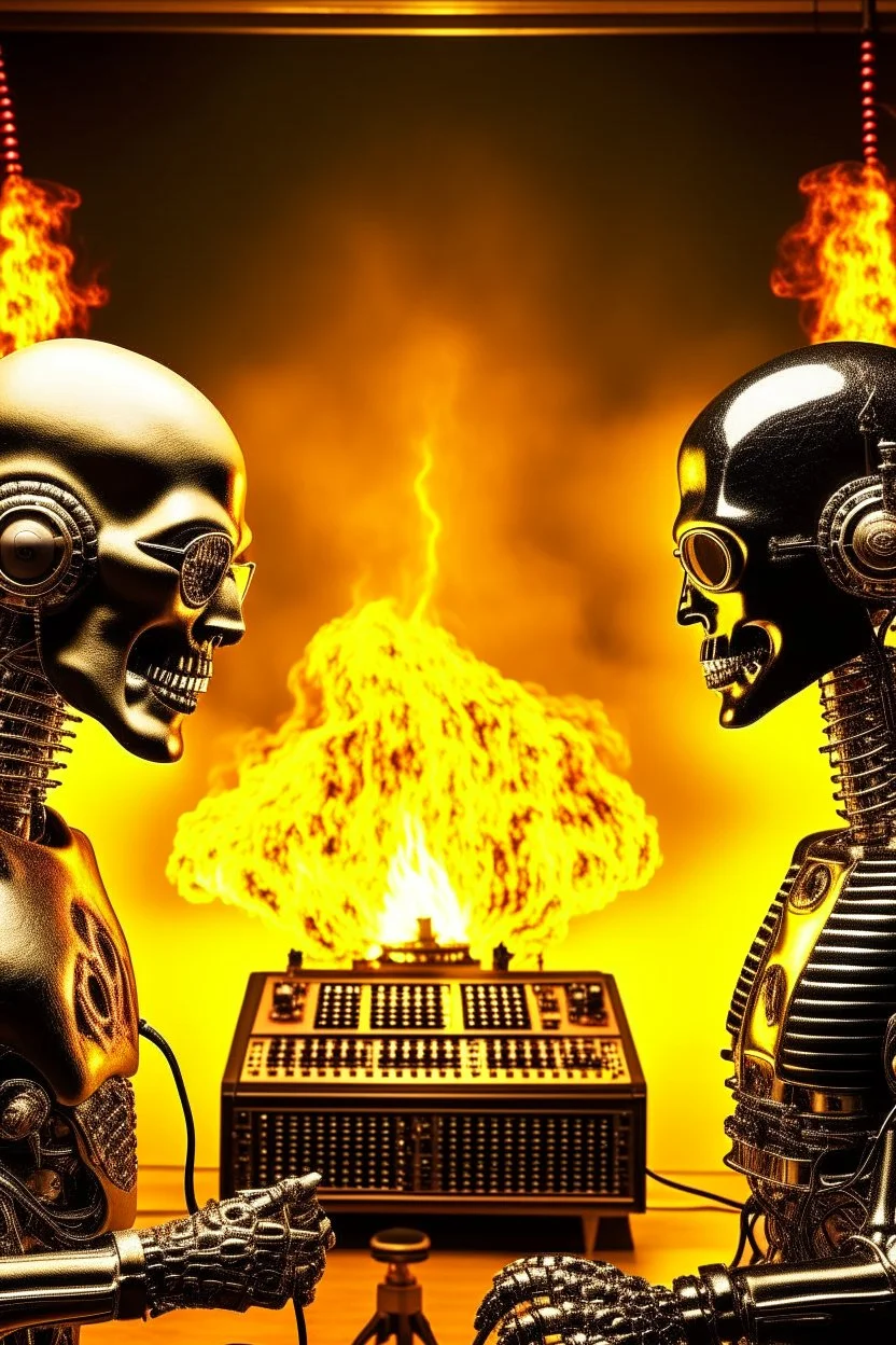 Two radio hosts are face to face in a burning radio studio. The host on the left is a bald human metal fan. The host on the right is a ridiculous robot.