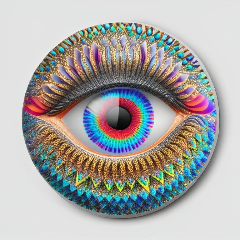 circular sticker on white background, psychedelic multicolor eyes, Optical Illusion, gradients multicolor, intricated Pattern, HD, 3D , Unreal engine, solids, highly detailed, vibrant color, octane render, centered