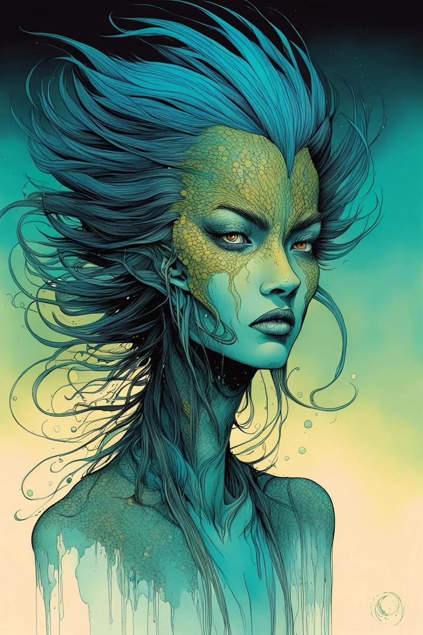 illustration of a Barracuda faced shape shifting female hybrid in the style of Alex Pardee and Jean Giraud Moebius, highly detailed, boldly inked, deep murky aquatic color