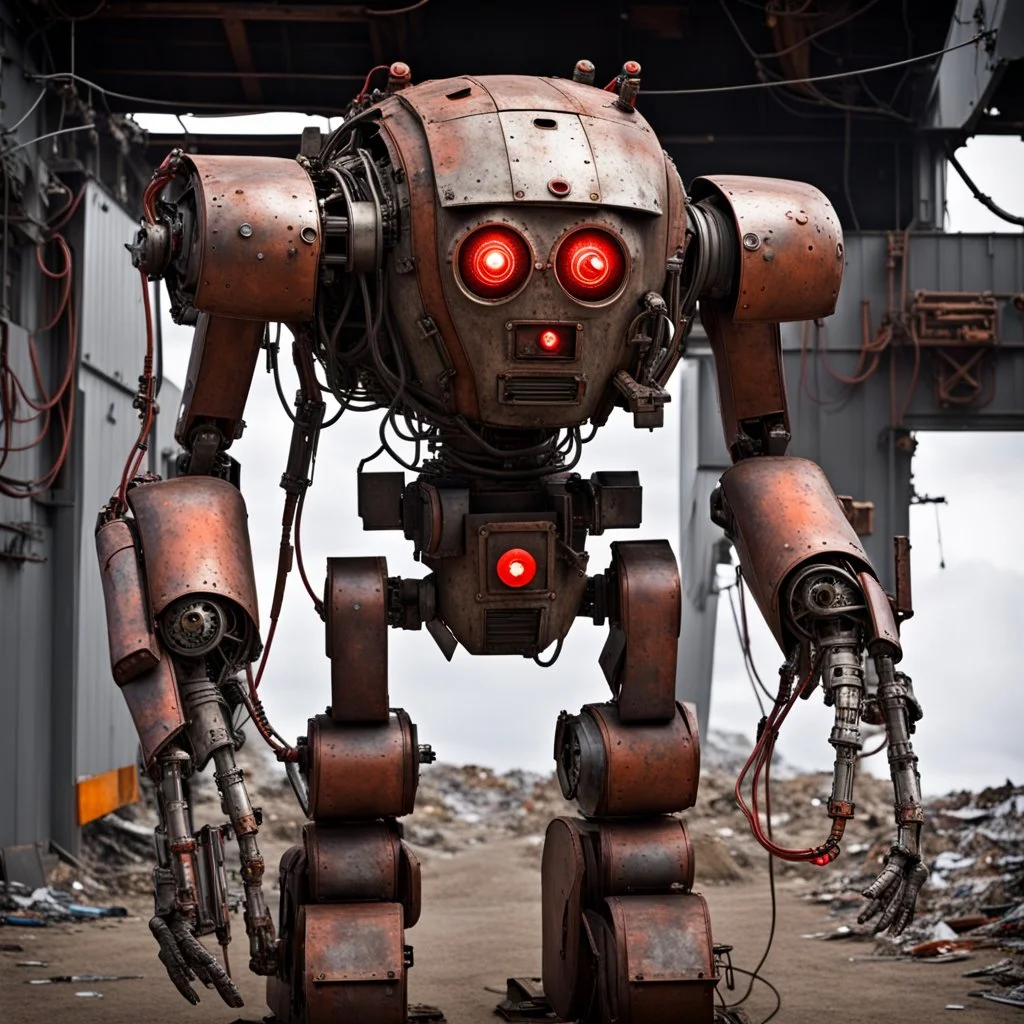 trash mech suit, human-sized, made of scrap metal, cockpit, light rust, round, one red glowing eye, loose wires escape hatch