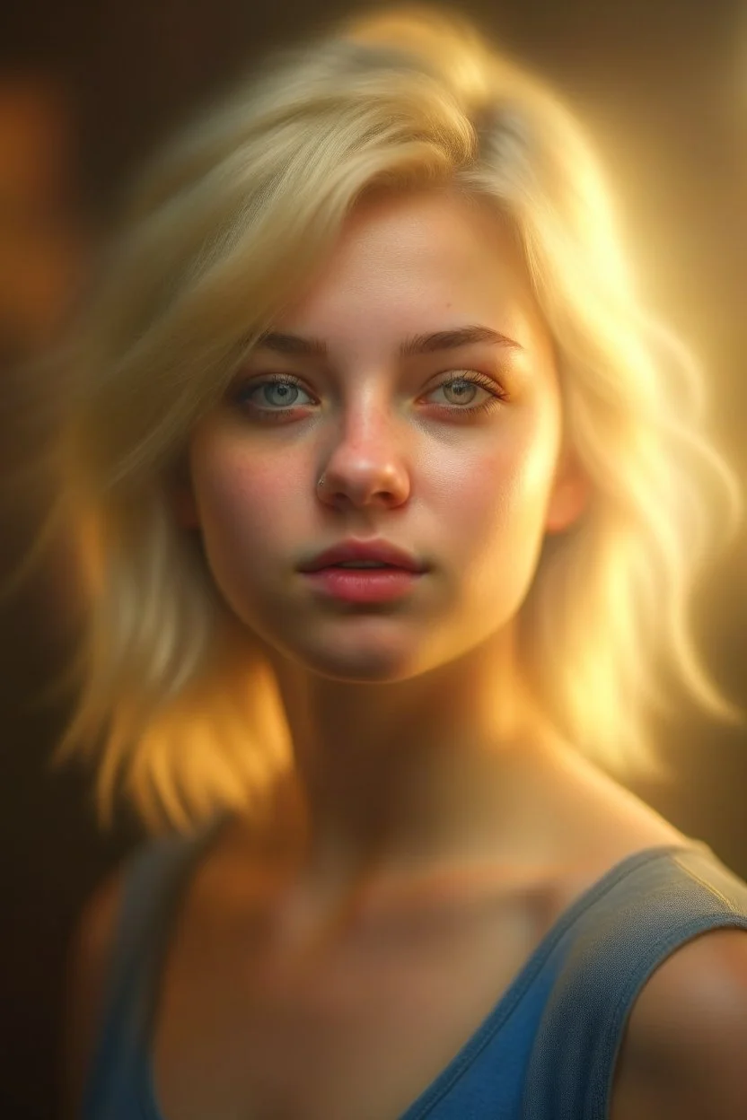 a cute blonde female that stares at us like we are the prettiest demons she has ever seen, its such a perfect day, motion blur, smoke, 8k, downlight, soft light, depth of field, photorealism, trending on art station, lotsa detail