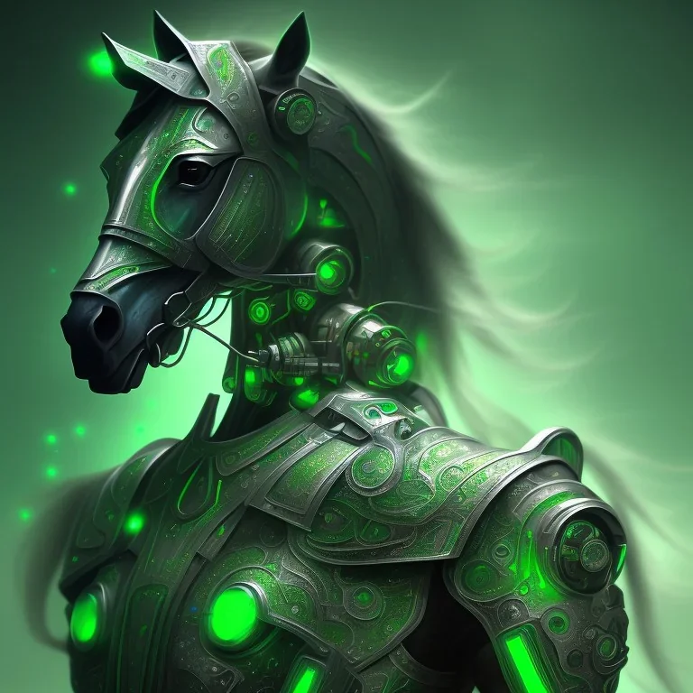 A beautiful portrait of a cyborg horse green color scheme, high key lighting, volumetric light high details psychedelic background