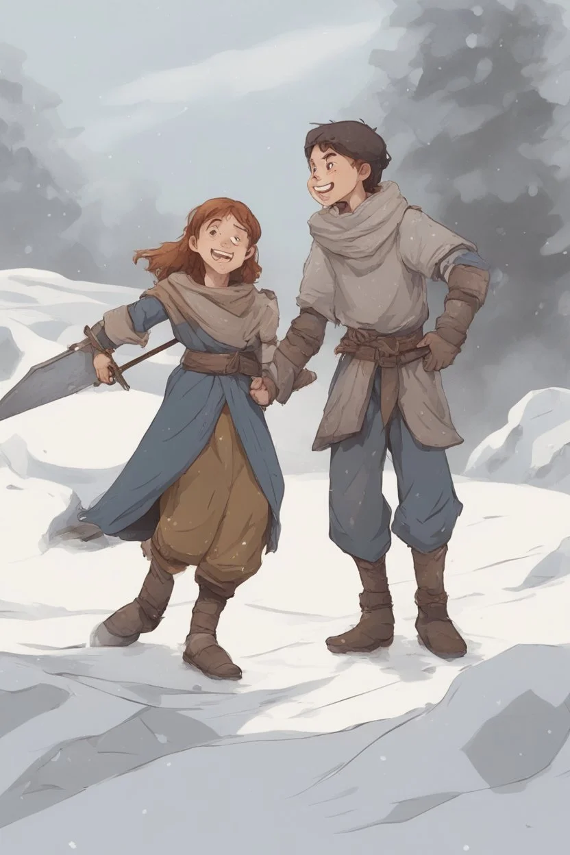 DnD style, two medieval peasant kids playing in the snow male and female, age 14 and 15, happy and playful, he has a short sword.