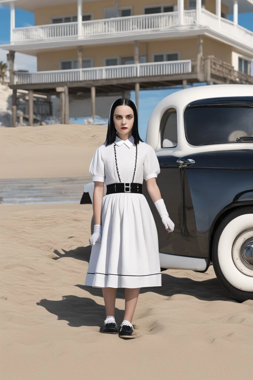 Wednesday Addams on the beach in California