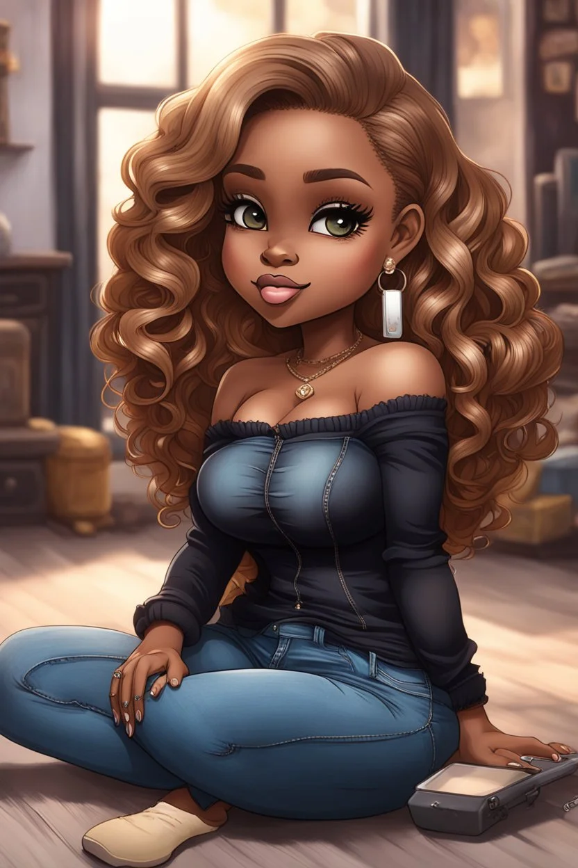 Create a furturism magna art of a black chibi curvy female sitting on the floor looking at her cell phone. She is wearing tight blue jeans and a black off the shoulder blouse. Prominent make up with lush lashes. Highly detailed wavy ombre blonde and brown long hair. She is also wearing silver large hoop earringsart of a black chibi curvy female sitting on the floor looking at her cell phone. She is wearing tight blue jeans and a black off the shoulder blouse. Prominent make up with lush lashes.