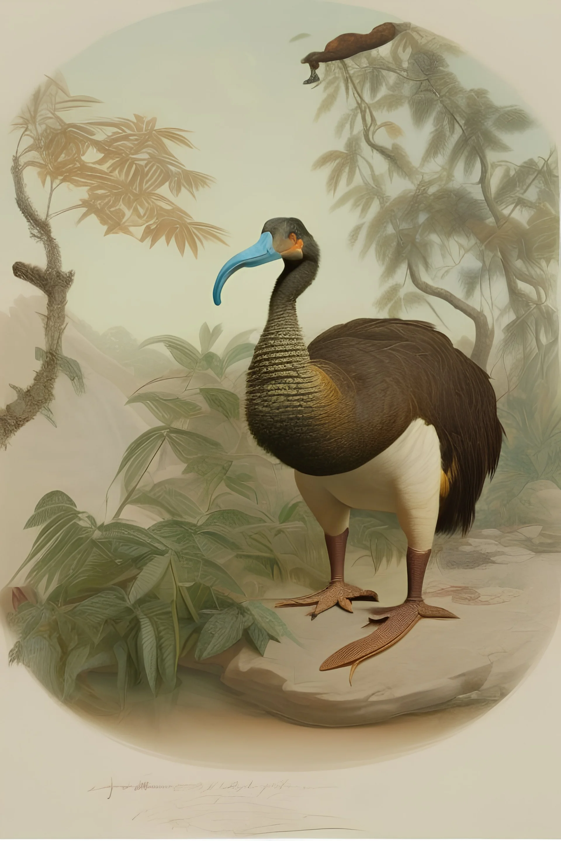 John James Audubon-like illustration of a fully uncropped Dodo bird and a Platypus in a landscape of warm yellows, warm reds, and warm blues