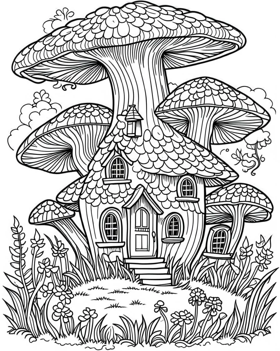 mushroom house ,beautiful forest, no cooler, line art, adult book pages