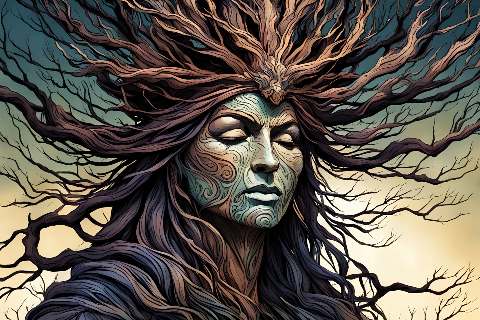 abstract expressionist comic book style illustration of a pagan druid priestess, bristlecone pine sculpture , dark and dry branches, harmony, intricately detailed, closed eyes, highly detailed facial features, ethereal, otherworldly, the smell of the ancient essence of eternity in vibrant natural color