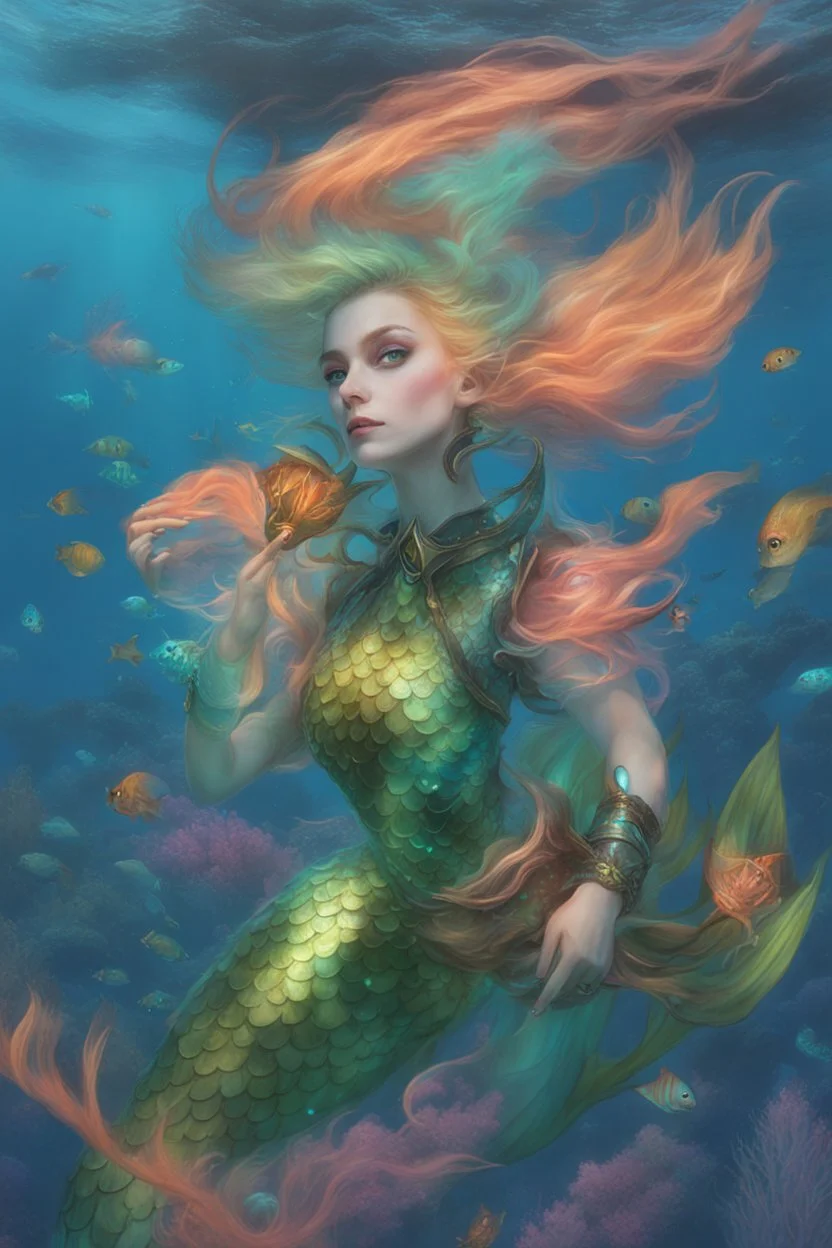 hybrid elf +Mermaid Diver, Weightless Swim, Bioluminescent Sea, Transparent Skin