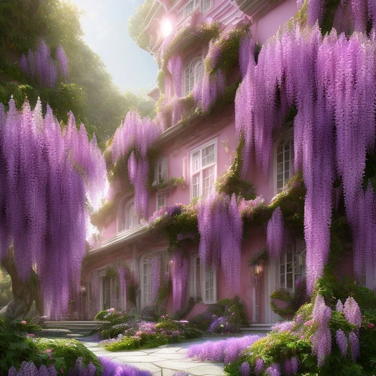 a magical flower bougainvillier fuksia wisteria house in the woods, pink vertical, sharp, vines, candlelit, endor, ornate, elegant, highly detailed, artstation, concept art, smooth, sharp focus, illustration, 8k, splash art, wallpaper, key visual