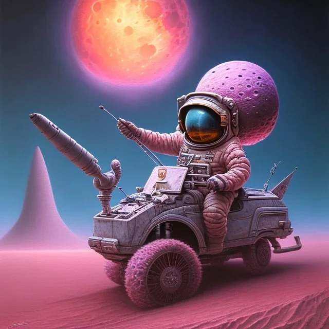 1yo little boy is on safari on the moon. riding a pink dinosaur. he has big and a funny hat. High detailed. Cinematic. oil on canvas painting. Warm lights. beksinski