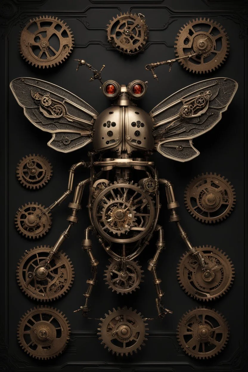 steampunk metal insect with wings, surrounded by cogs and springs, black background