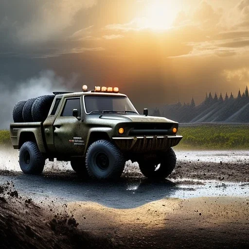 stylized hyperrealistic shot, muddy military pickup truckn with guns mountedon the back, monotone color palette, sharp focus, puddle reflection, tire water splash, refraction, mist on the horizon, shadowcast, god rays, detailed and intricate, cinematic composition, micro, tilt shift photography