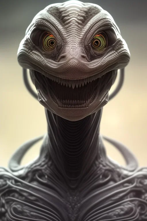 snake alien, head,8 eyes, smile, 8k, with hairs, finely detailed, photo realistic, HR Giger style