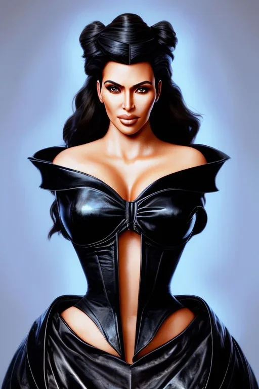 painting of kim kardashian as evil queen in black leather, feminie, angry, stern look on her face, volouptous, busty, cleavage, emperious, mature, highly detailed, digital painting, artstation, concept art, smooth, sharp focus, illustration, art by gaston bussiere and alphonse mucha