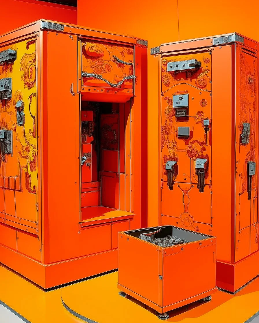 An orange colored secret vault with robots painted by Andy Warhol