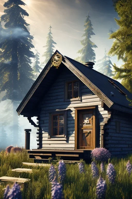 hyper detail, 4k, high quality, small wooden cabin, flowers, steampunk, cinematic lighting, mountain, photo realistic,