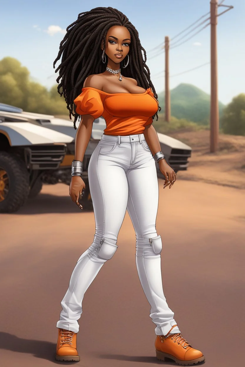 Create a digital airbrush cartoon of a curvy African American female wearing tight white jeans and a off the shoulder orange blouse. She is also wearing timberland boots. Prominent make up with hazel eyes. Highly detailed very long extremely dread locs black hair. Her skin is smooth and silky. Background of a track of ATV riders.