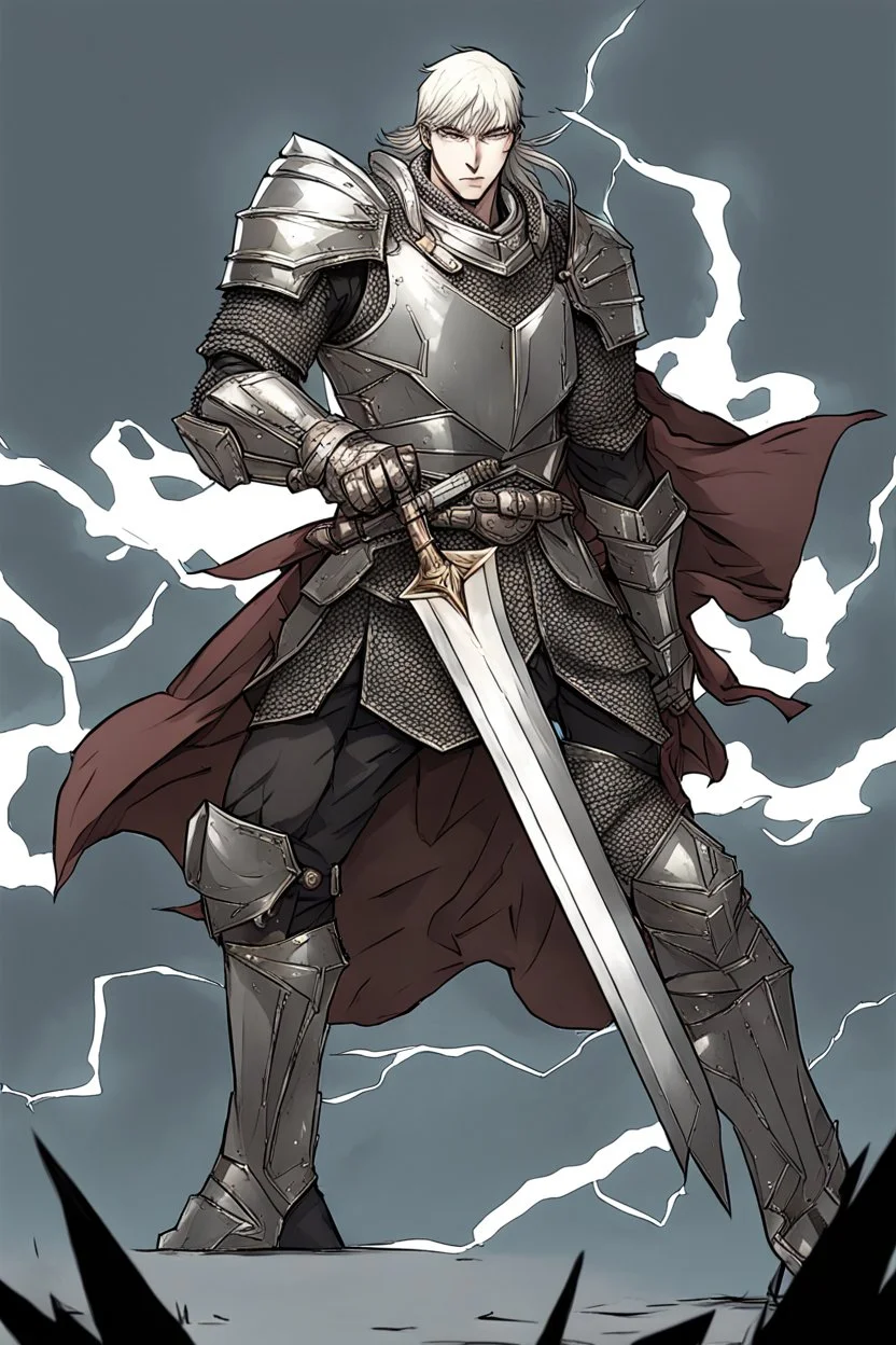 Armored Male Knight by manhwa or korean webtoon style there are lightning and blood spurts around the man, his face pointed at the camera, and with a serious look he lets his opponent know that it's his turn