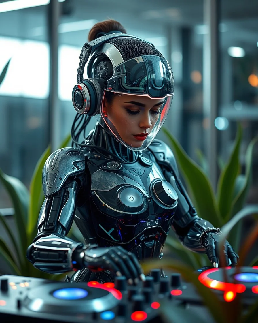 full body rendering Beautiful Female as Hybrid robotic DJ chasing clear surfaces it from transparency super clear glass explore inside components nature plants, advance design futuristic sci fi picture,find details,Sony Alpha 7 50mm 1.8,medium shot, high-resolution image with fine details,ultra detailed,ultra realistic,extremely realistic,intricate,photorealistic,epic composition