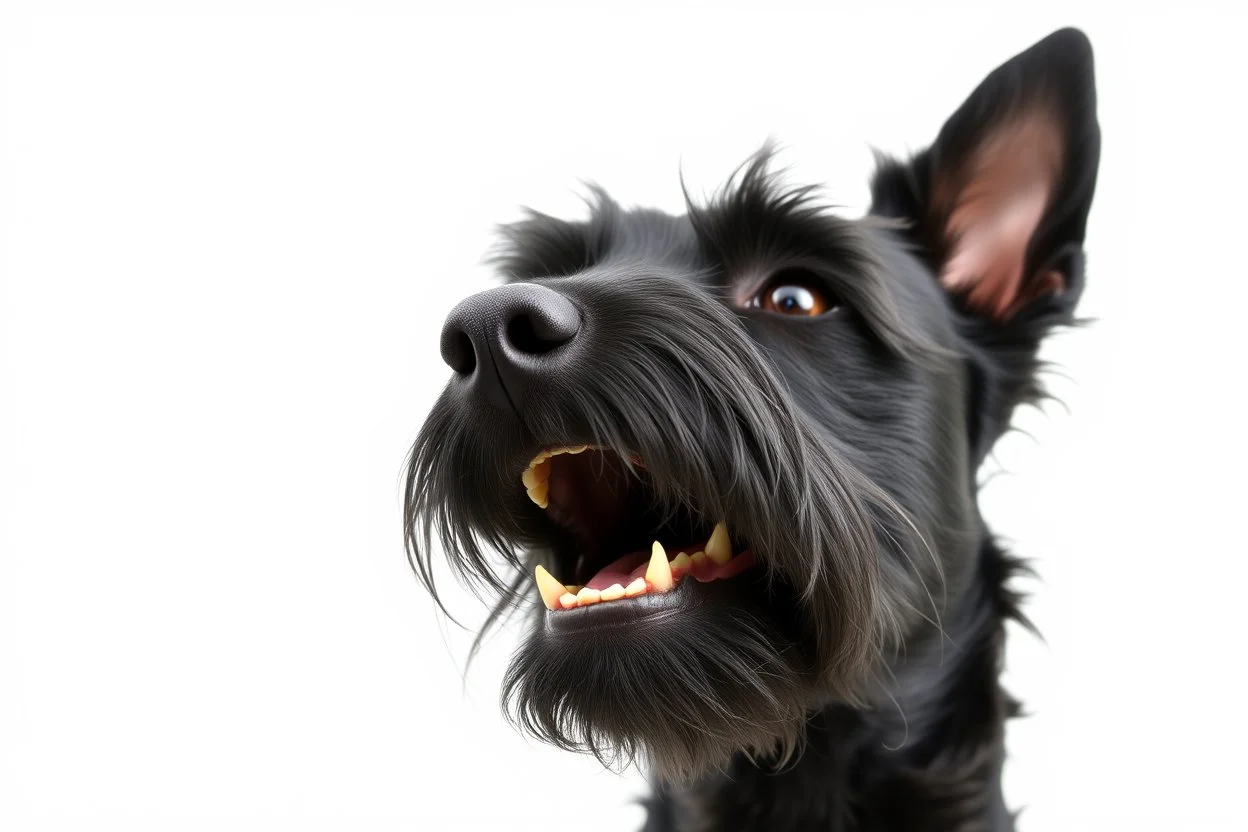 side-front of head nose, mouth with teeth, ears and eyes of a black Scottish terrier coming up from the side-bottom, mouth open biting, white background