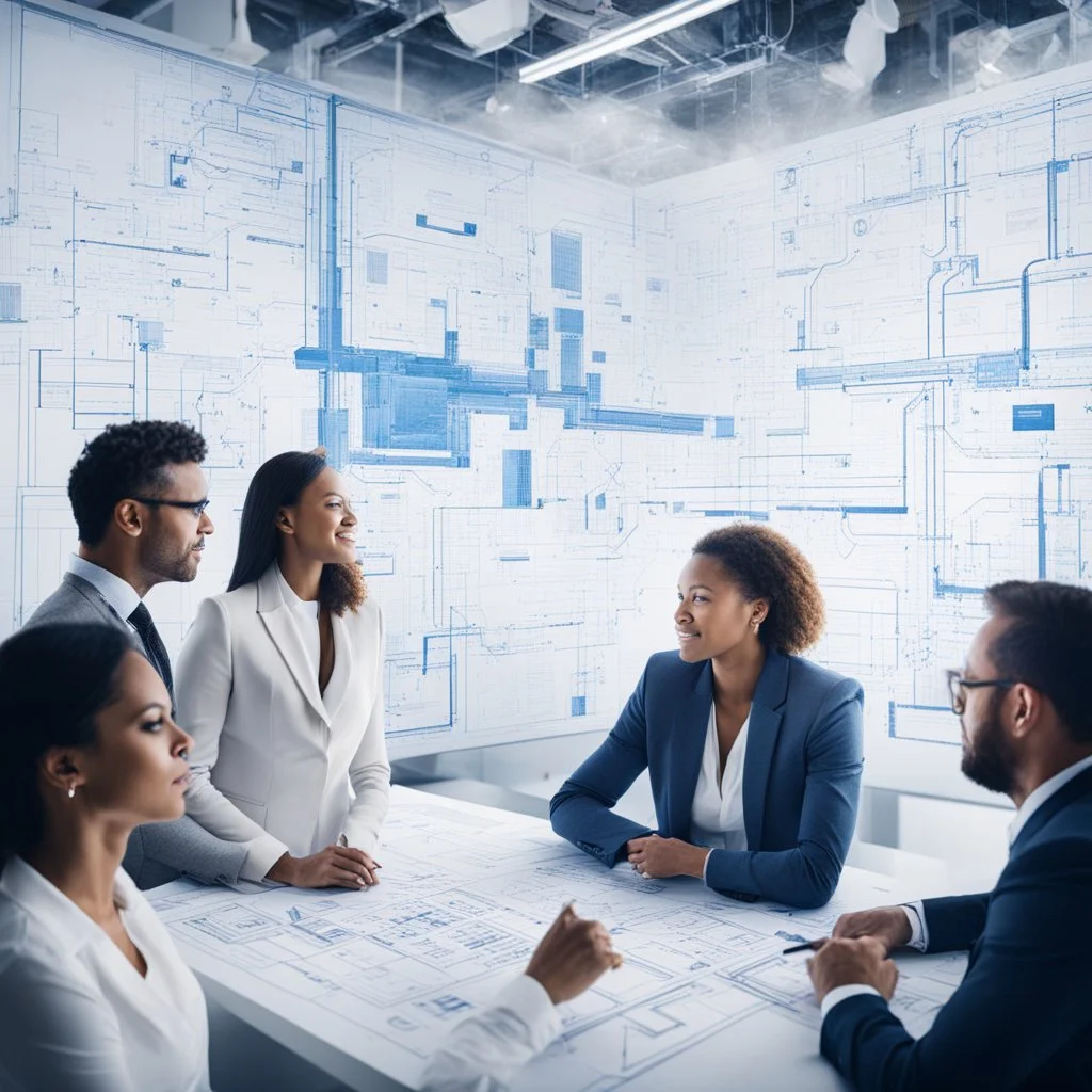 women and men from the industry thinking together in front of a complex blueprint with flowcharts