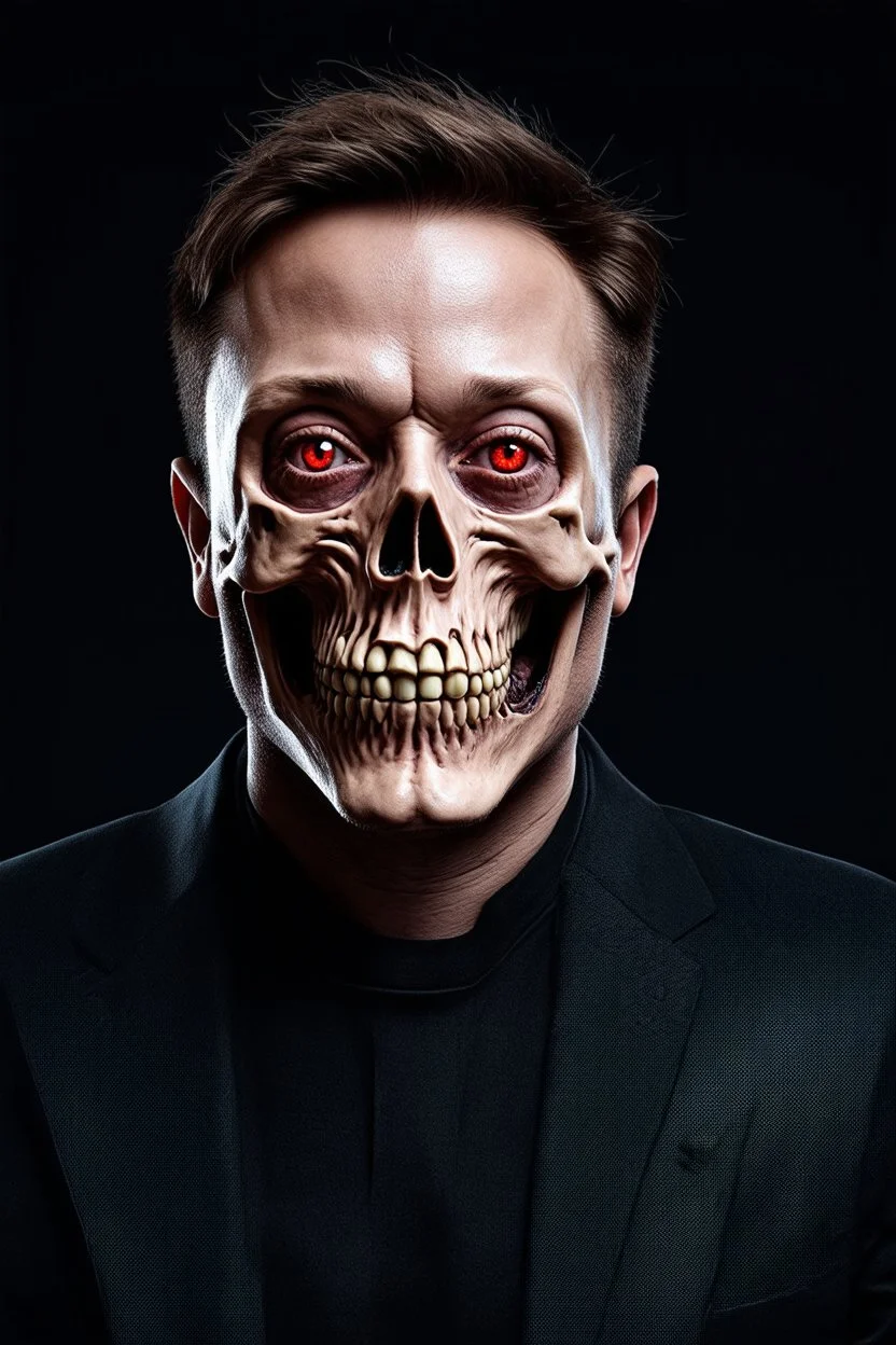 Portrait of Elon musk, scary skeleton face with red eyes