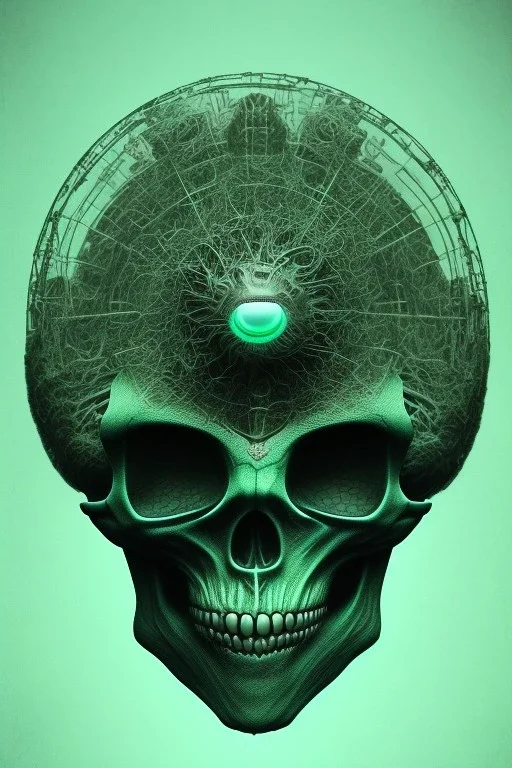 green alien, head, evil, black eyes, weapons, blood, 8k, finely detailed, photo realistic, HR Giger style turquoise skull head red Mohak alien moon skeleton sombrero