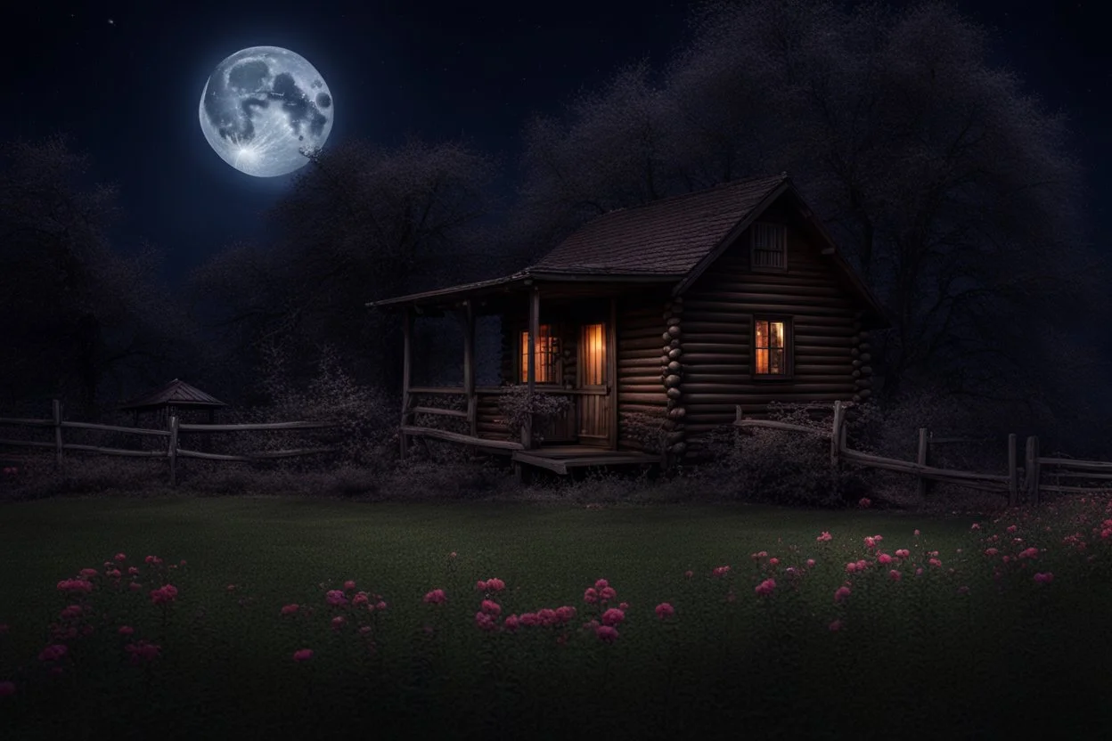 Dry trees, night, full moon, cabin, yard with flowers, fence, photo hd