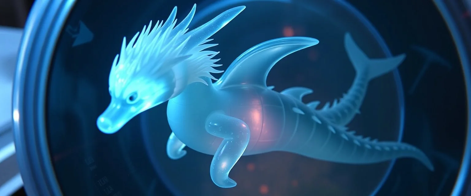 The image depicts a fantastical dolphin snow soup, specifically a transparent with neon flash aura, with a unique and whimsical appearance. The dragon is positioned in a circular frame, which suggests it might be inside a container or a vessel. The dragon's body is elongated and has a segmented appearance, with a detailed texture that gives it a realistic look. Its head is covered with white, spiky hair, adding to its fantastical charm. From the weird dragon lab.