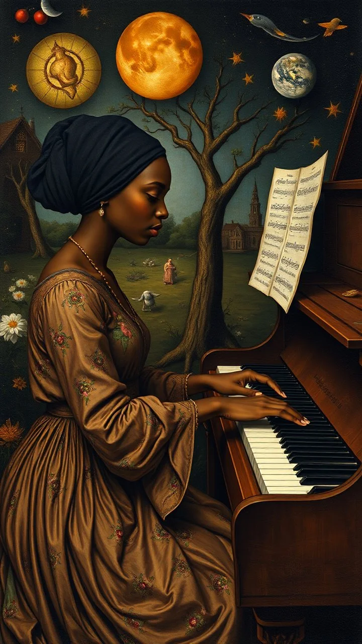 Hieronymus Bosch style , a black women playing the piano