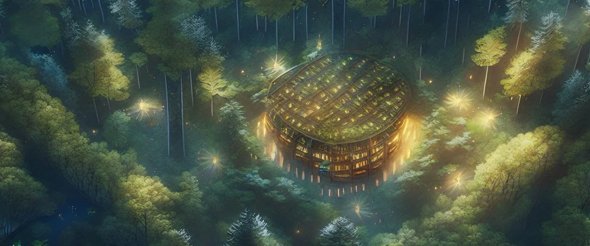 top view that warm, a huge library in forest with fireflies around trees that have wide leaves and broad trunked. Realistic.